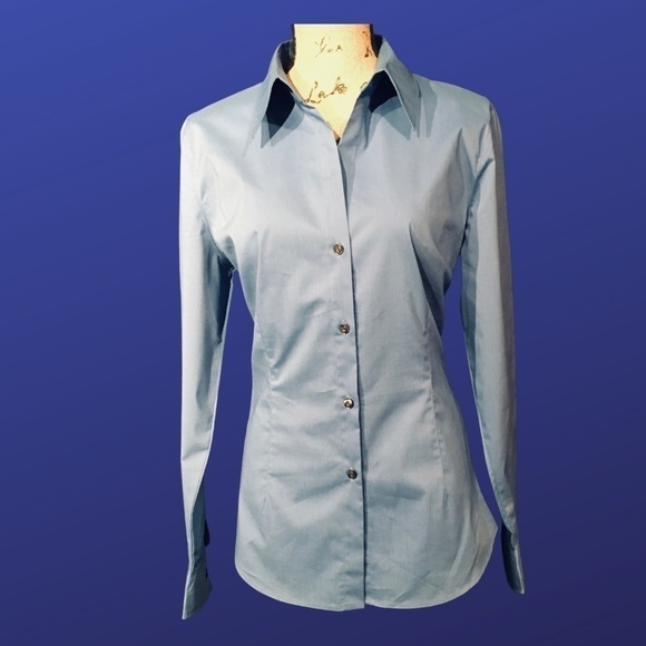 NEW YORK & COMPANY City Stretch Fitted Blouse, FRENCH BLUE, Pre-owned, Size L - Picture 1 of 7